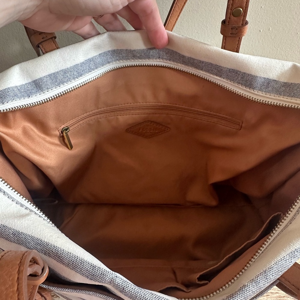 Fossil Blue and White Striped Tote with Brown Leather Straps - Picture 7 of 10